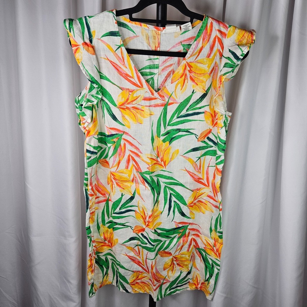 Nicole Miller New York 100% Linen Tropical Print Vacation Summer Dress Size S